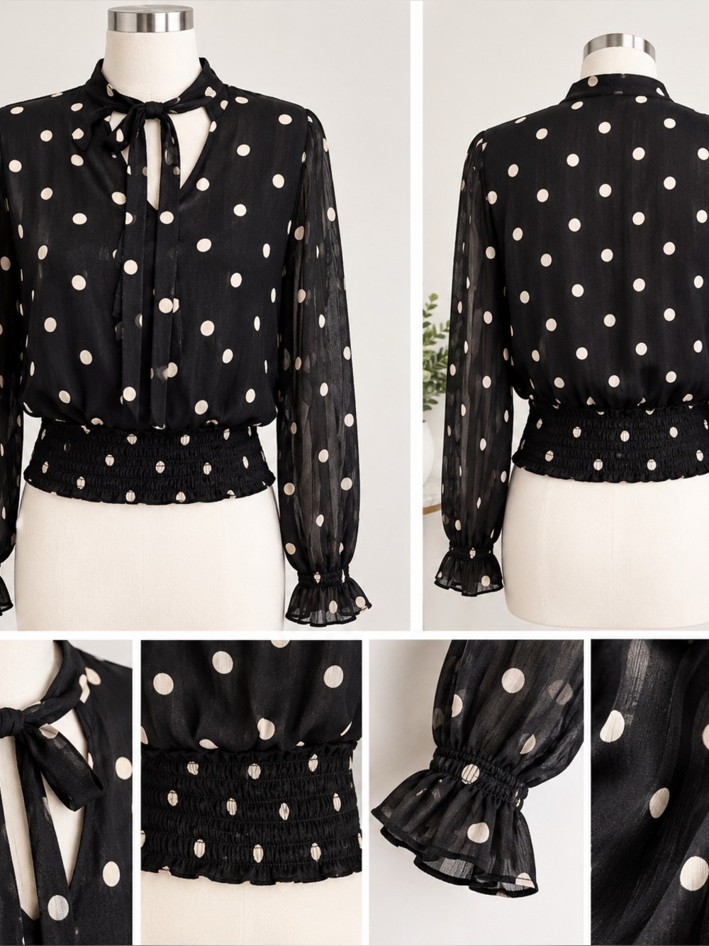Black Polka Dot Tie-Neck Blouse with Smocked Waist